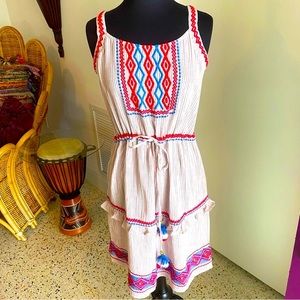 Anthropologie Cream Midi Dress with Red & Blue Embroidery